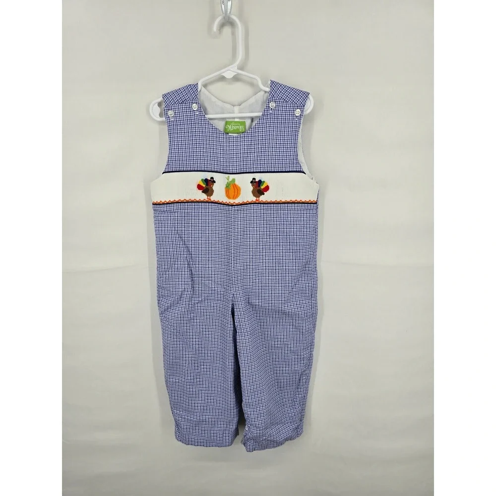 Classic Whimsy Boys Thanksgiving Smocked Turkey Pumpkin Blue Gingham Longall 3T